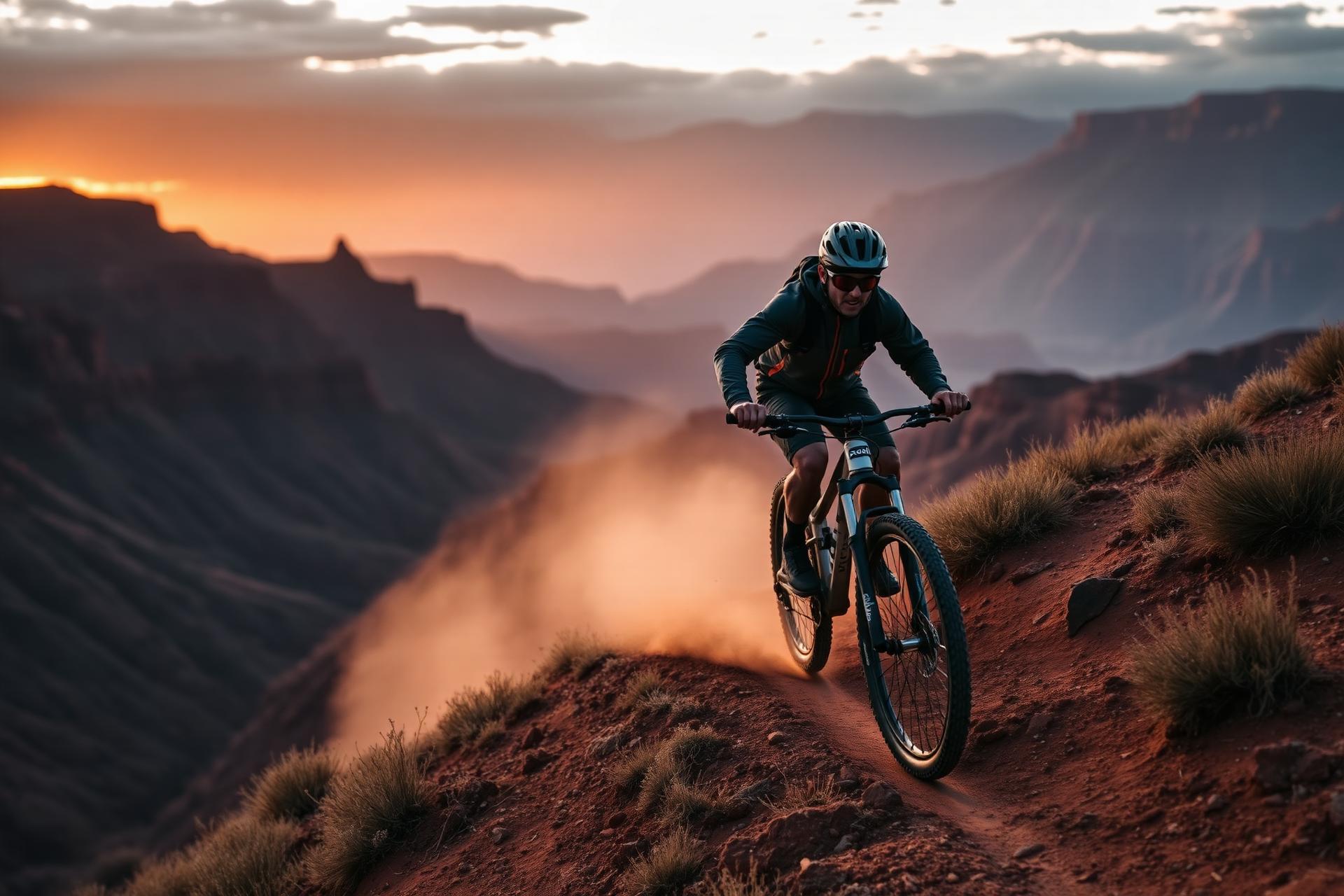 Mountain biker at golden hour in the desert canyons